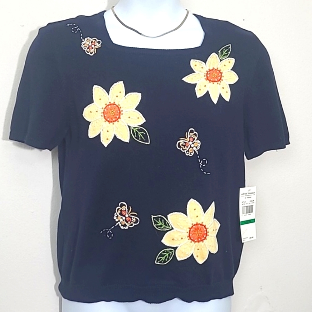 NWT Alfred Dunner Petite L Beaded Floral Butterfly Knit Sweater Top Black Cotton